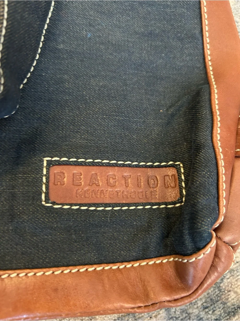 Kenneth Cole Reaction Navy and Brown Canvas  & Leather Messenger Bag